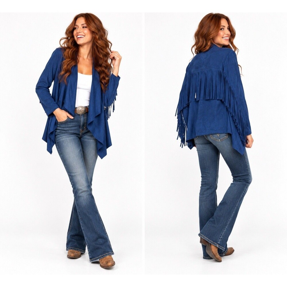 Shyanne XL Navy Blue Faux Suede Fringe Jacket Western Waterfall Cardigan